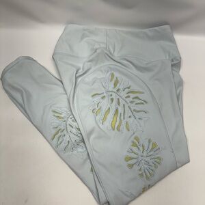 Free People MOVEMENT Palm Springs Lite Blue Leggings Yellow Mesh Cutouts Sz M